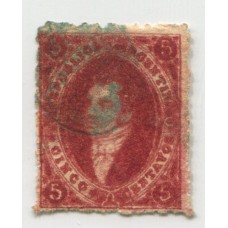 ARGENTINA 1866 GJ 26A RIVADAVIA ESTAMPILLA de 5ta TIRADA COLOR CARMIN MORADO LA FILIGRANA ESTA DESPLAZADA AL ANGULO, CON MATASELLO COLOR AZUL U$ 48 +